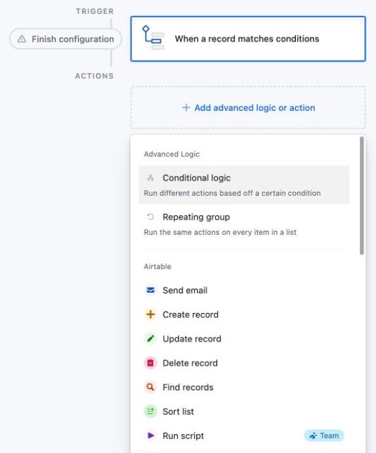 An Airtable automation: the trigger When a record matches conditions, and Run script in the list of actions
