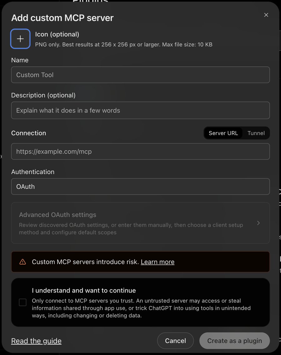 ChatGPT's Add custom MCP server form