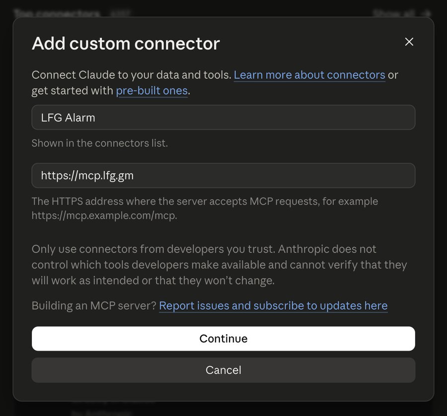 Claude's Add custom connector window, filled in for LFG Alarm