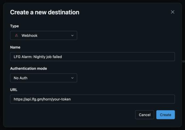 Create a new destination in Databricks: Type Webhook, a name, Authentication mode No Auth, and the alarm's link as the URL