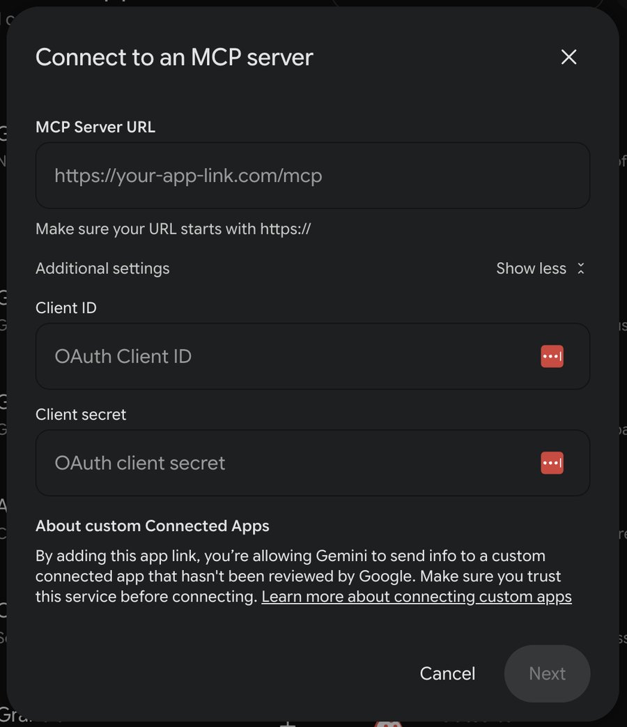 Gemini's Connect to an MCP server window