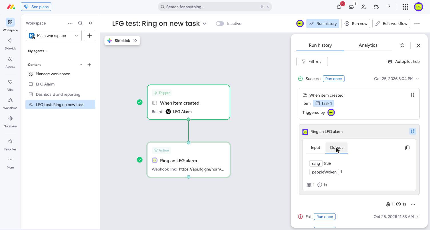 Ring an LFG alarm in a monday workflow, after a test run that rang one phone