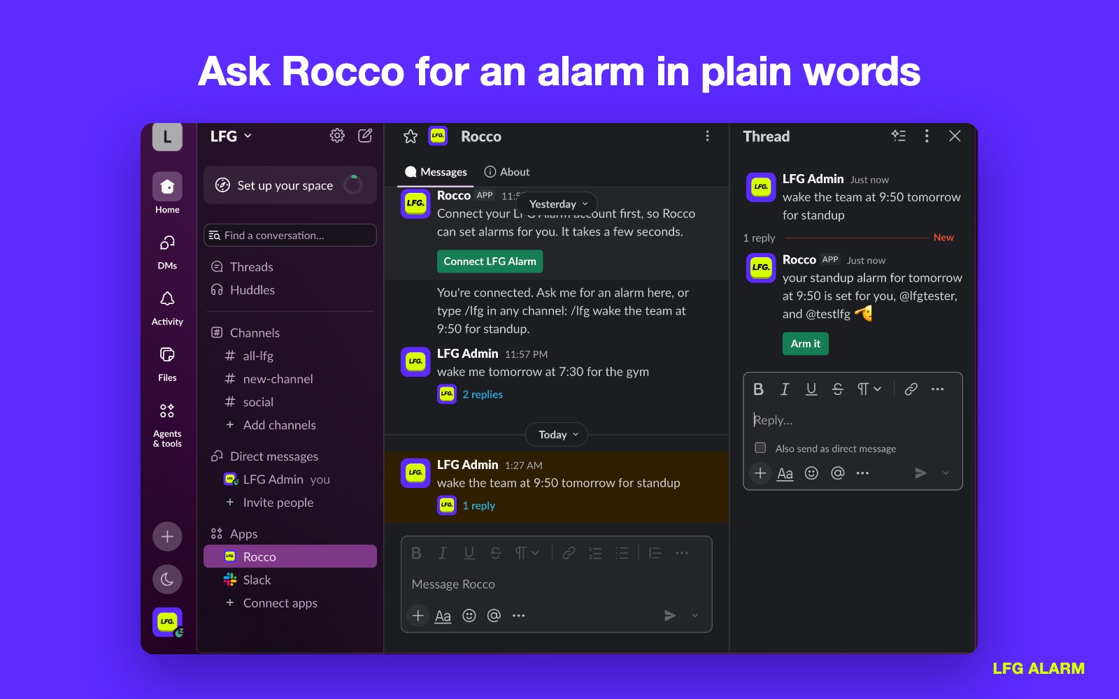 Asking Rocco for a standup alarm in a Slack thread