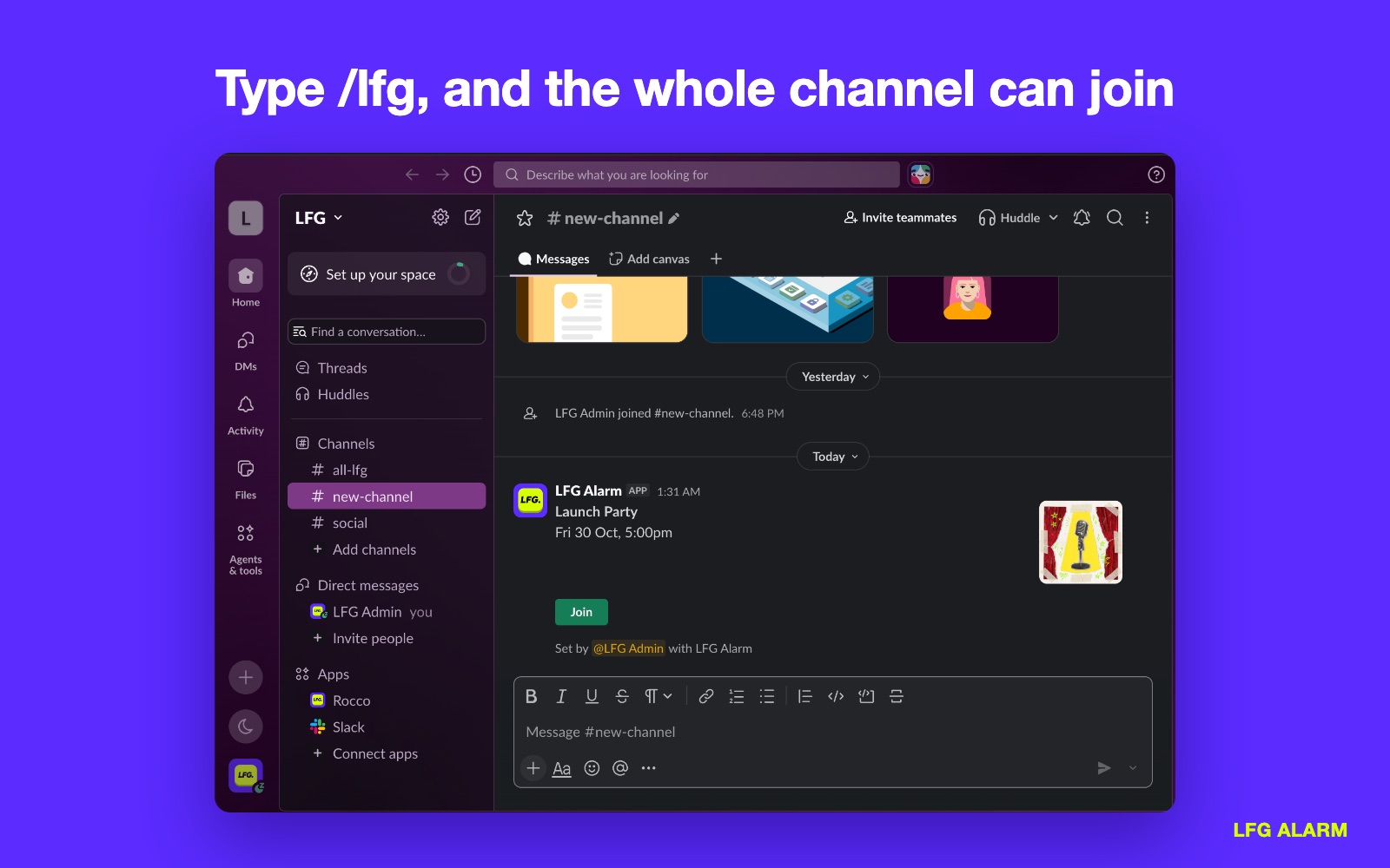 An alarm's card in a Slack channel with a Join button