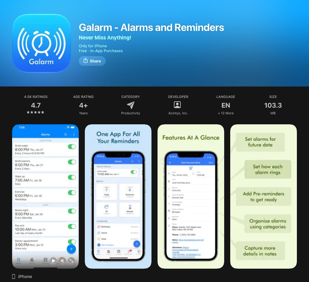 Galarm on the App Store, 16 October 2026