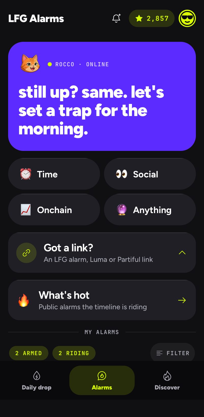 The Alarms tab, with Rocco's greeting and the four ways to start an alarm