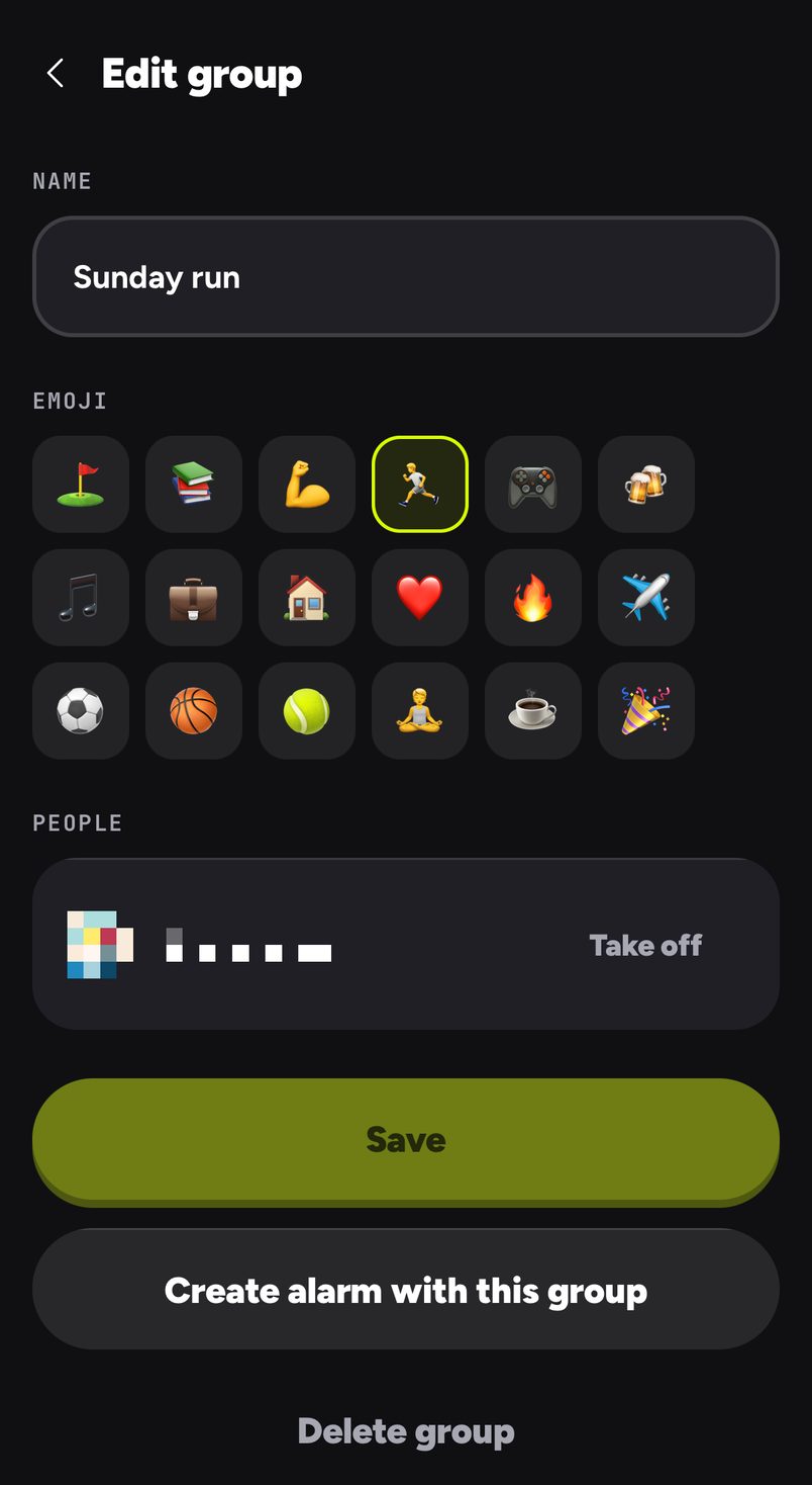 A group: its name, emoji and people, with Create alarm with this group