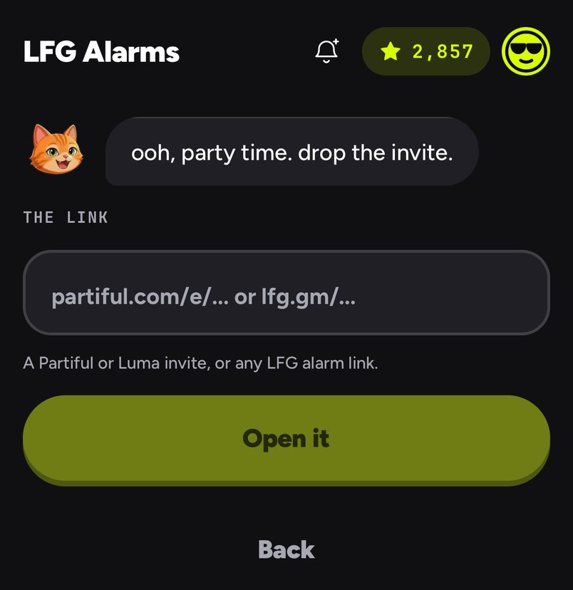 The Got a link? box, for a Partiful, Luma or LFG alarm link