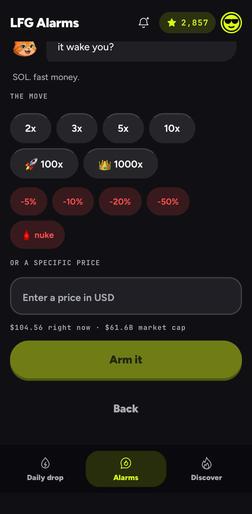 Picking the move for a SOL price alarm, or typing a price