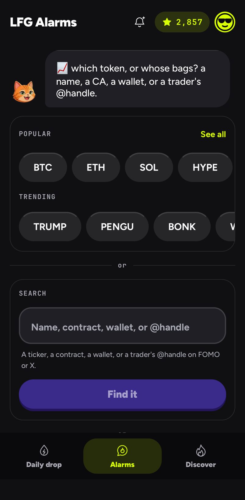 Onchain: type a trader's @handle in the search box