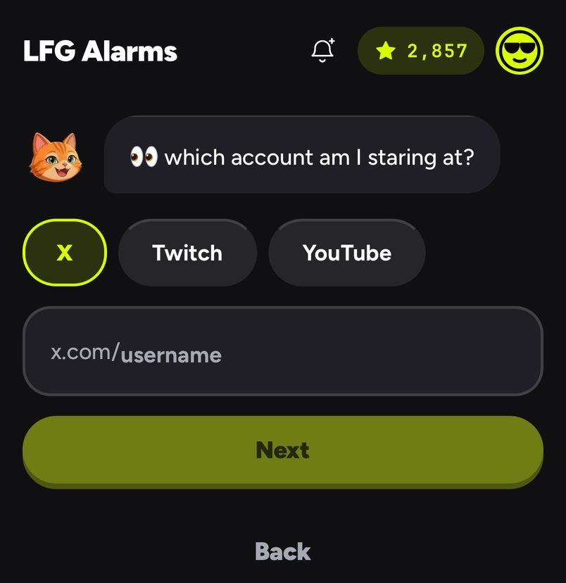 Choosing X, Twitch or YouTube and the account to watch