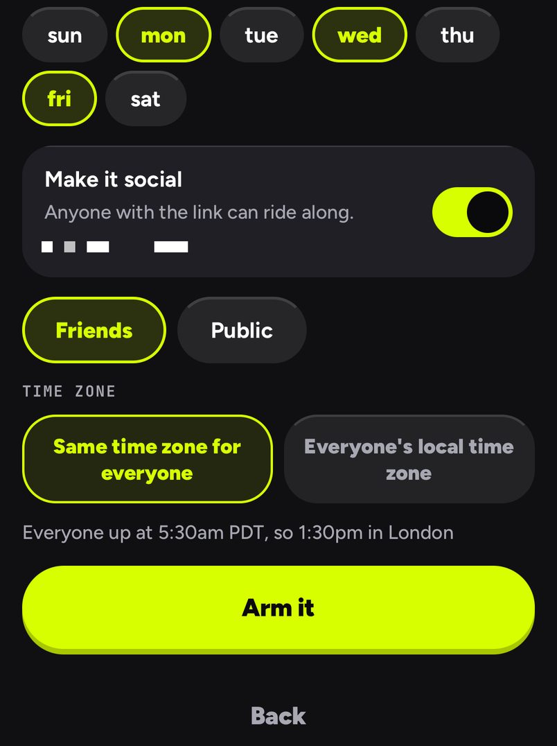 The alarm starts shared with friends, with the group already on it